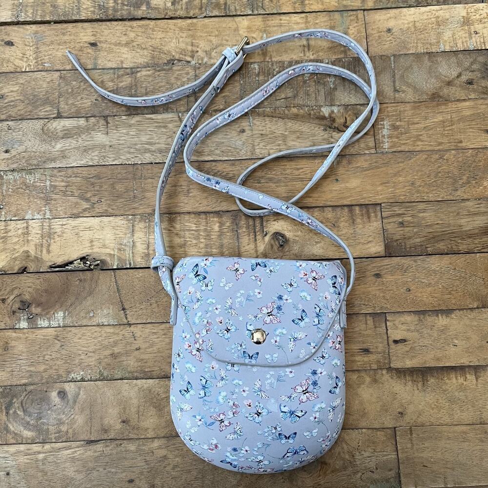 Small Vegan Leather Crossbody Bag Blue Butterfly Pattern Soft Interior